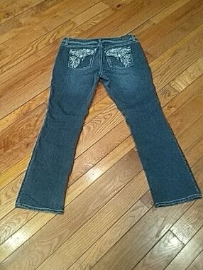 Love Indigo Dark Blue Flare Jeans with Embroidered Back Pockets